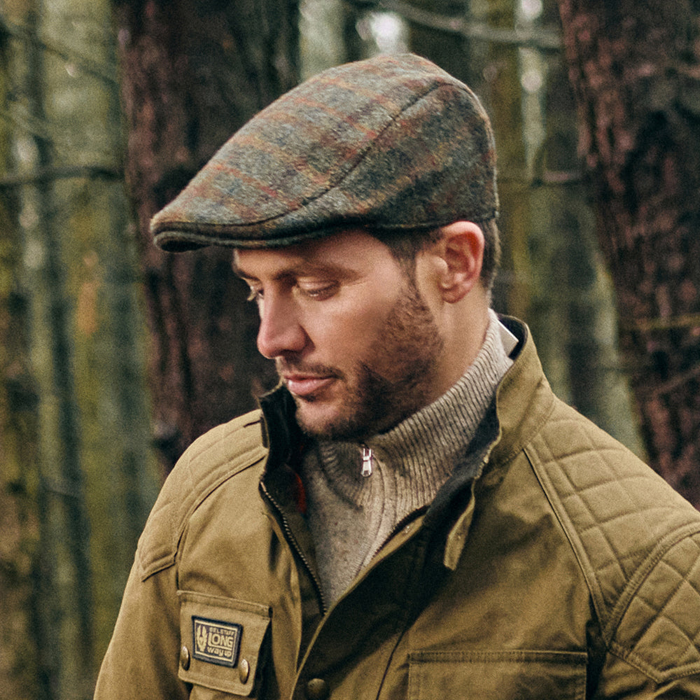 Casquette Plate en HARRIS TWEED Avec Protège-Oreilles à Carreaux Oban olive-rouille FAILSWORTH