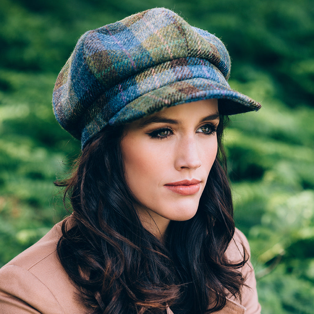 Casquette Gavroche en HARRIS TWEED Gabby bleu-vert FAILSWORTH