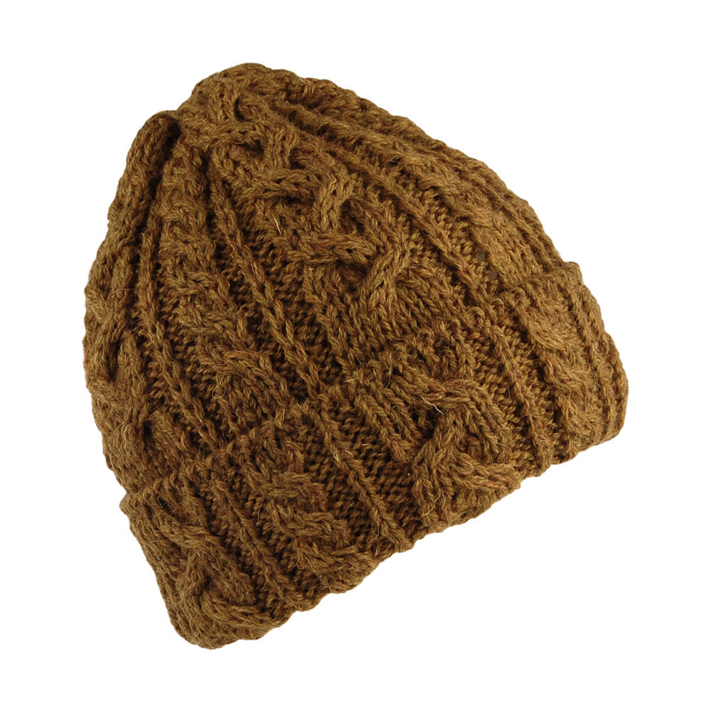 Bonnet en Laine Anglaise à Torsades et Revers toffee HIGHLAND 2000