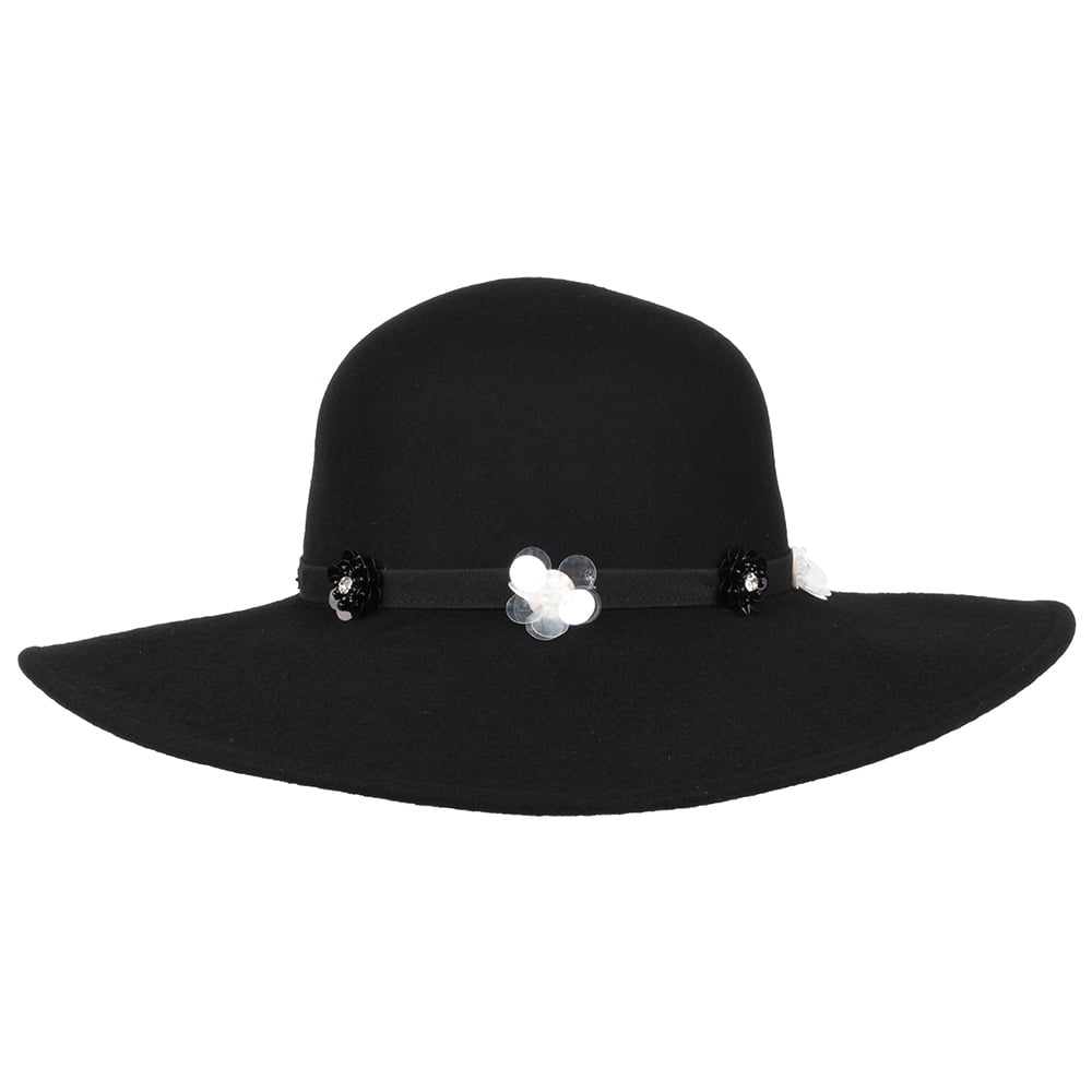 Chapeau Capeline à Fleur en Laine Feutrée noir SEEBERGER
