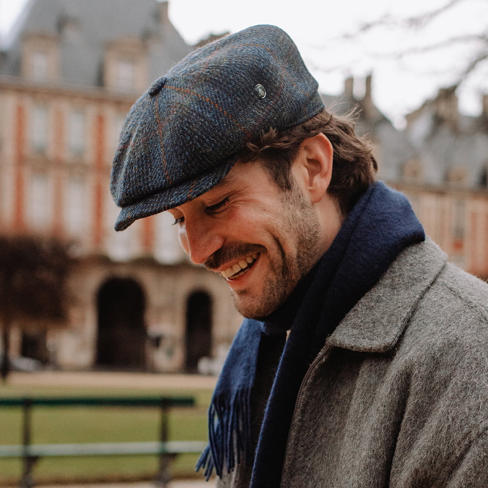 Casquette Gavroche en HARRIS TWEED Le Curieux bleu marine-rouille CITY SPORT
