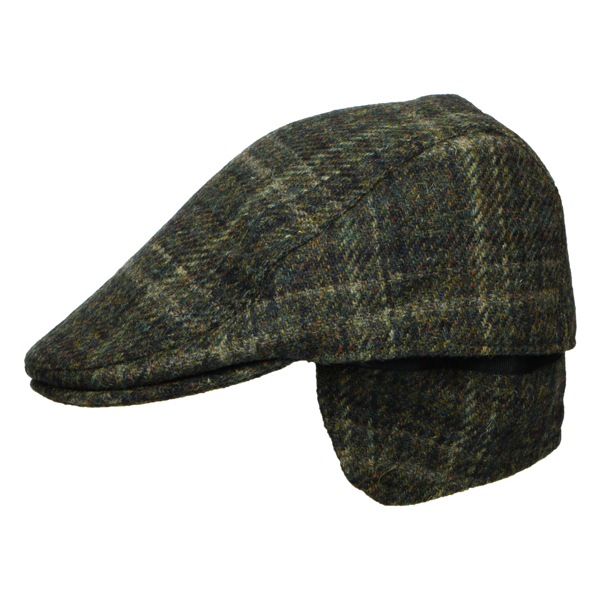 Casquette Plate Avec Protège-Oreilles en HARRIS TWEED à Carreaux Oban mousse foncé FAILSWORTH