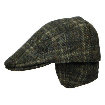 Casquette Plate Avec Protège-Oreilles en HARRIS TWEED à Carreaux Oban mousse foncé FAILSWORTH