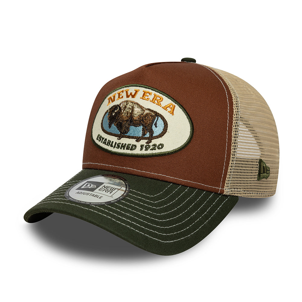 Casquette Trucker Bison Animal Patch A-Frame marron-olive-sable NEW ERA