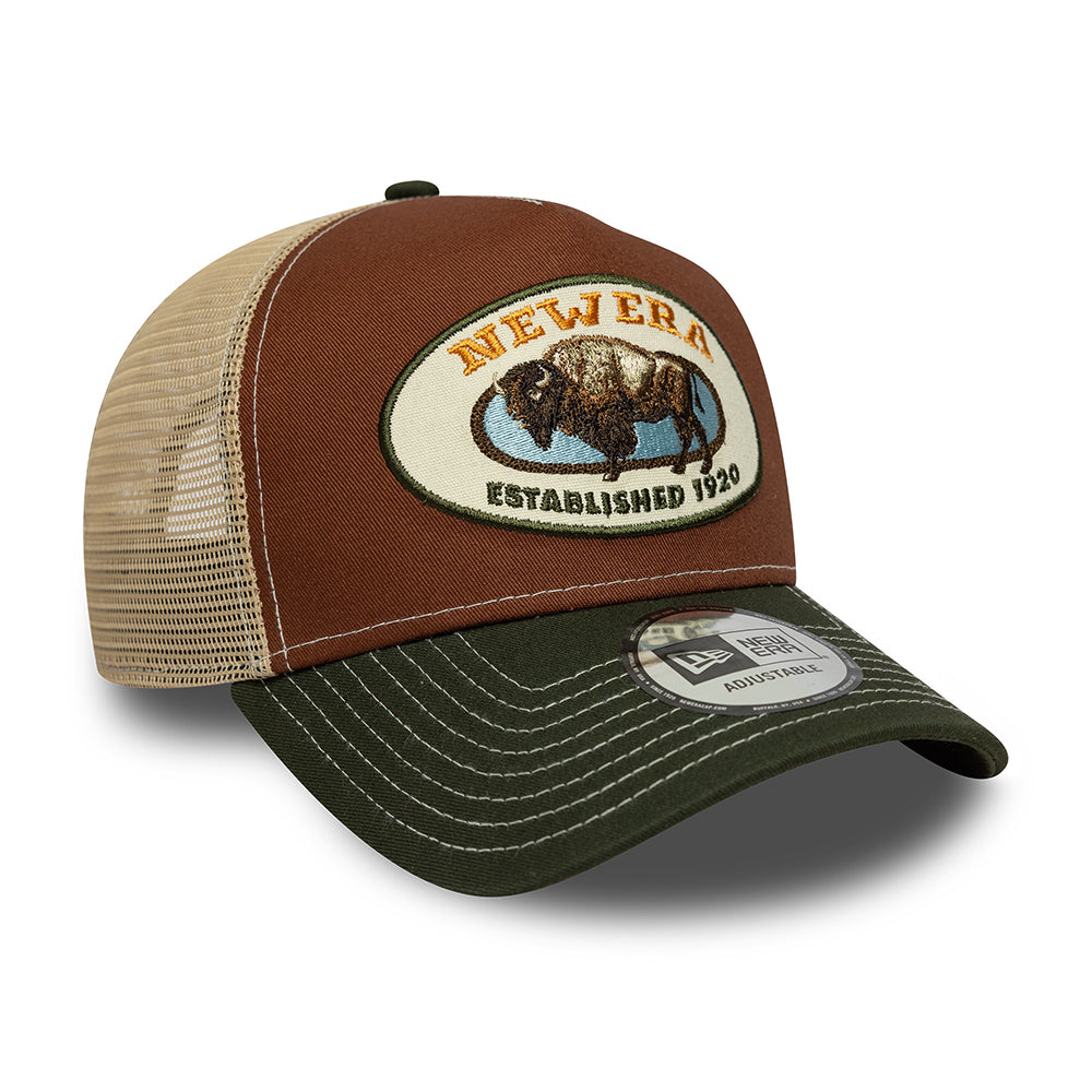 Casquette Trucker Bison Animal Patch A-Frame marron-olive-sable NEW ERA