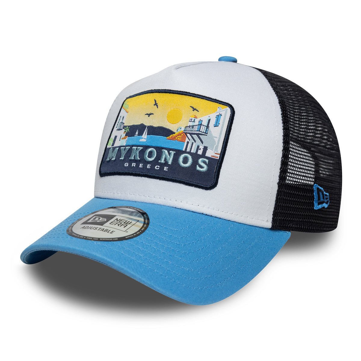 Casquette Trucker A-Frame Location Patch Mykonos bleu ciel-bleu marine NEW ERA