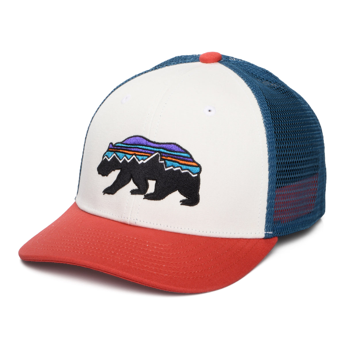 Casquette Trucker Enfant en Coton Bio Fitz Roy Bear blanc-rouge-bleu PATAGONIA