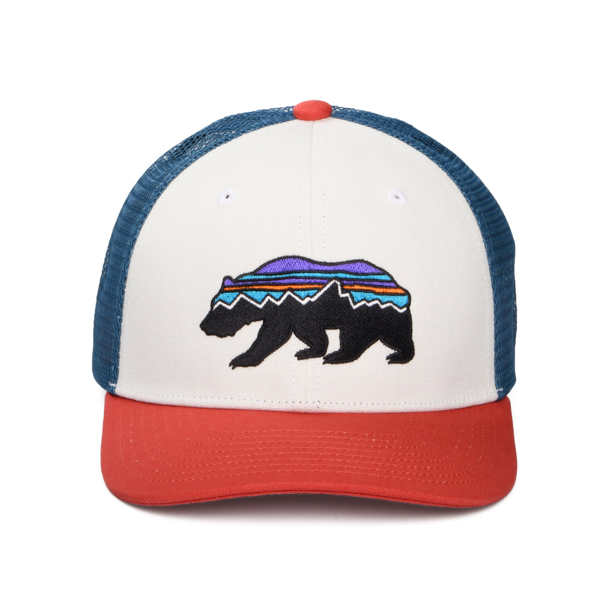 Casquette Trucker Enfant en Coton Bio Fitz Roy Bear blanc-rouge-bleu PATAGONIA