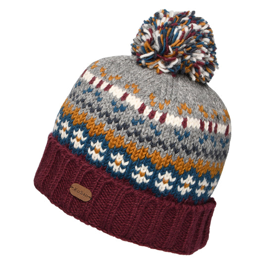 Bonnet à Pompon Fair Isle Mosaic prune-gris KUSAN