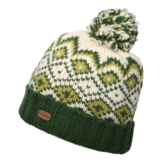 Bonnet à Pompon et à Revers Losanges vert-crème KUSAN