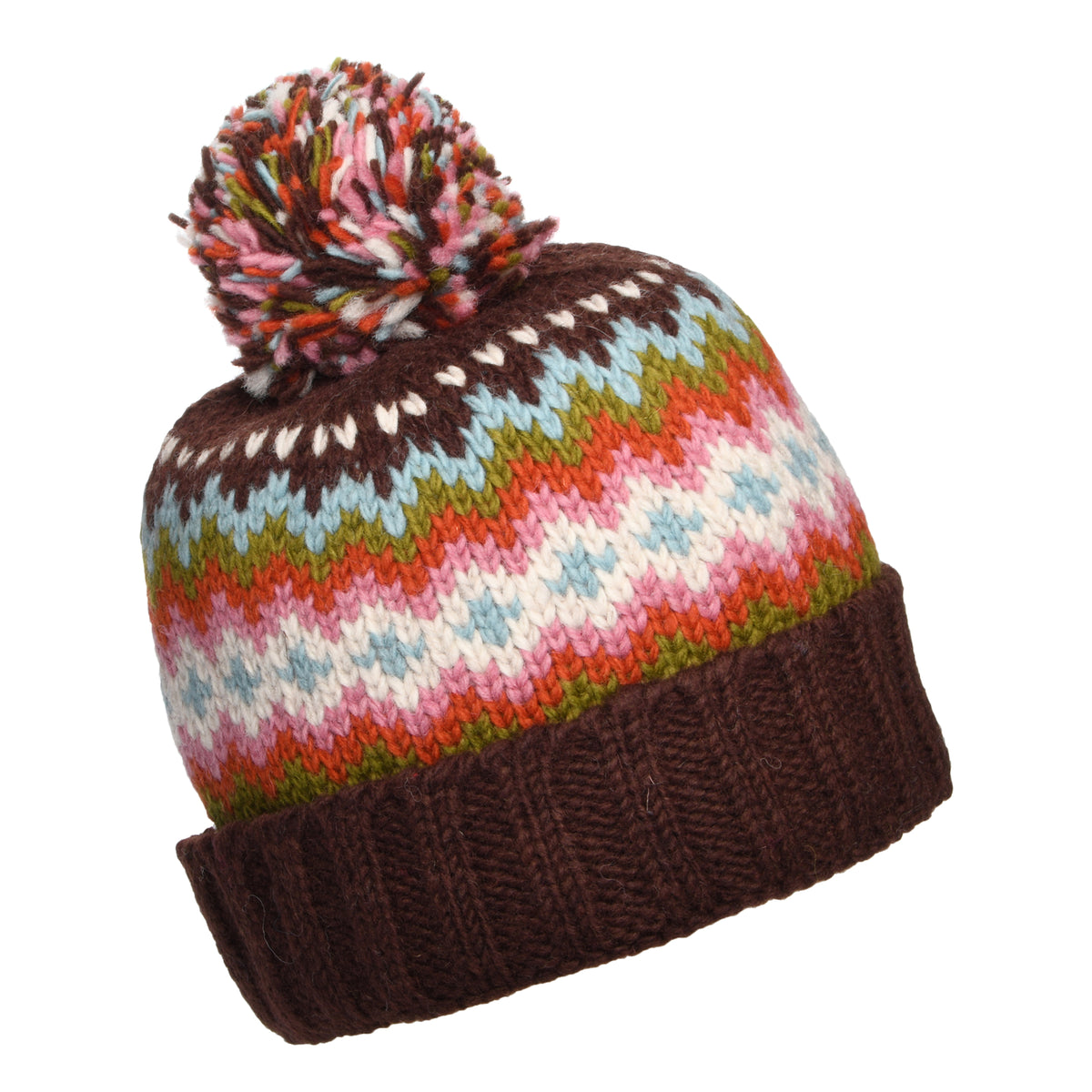 Bonnet à Pompon et à Revers Fair Isle châtaigne KUSAN