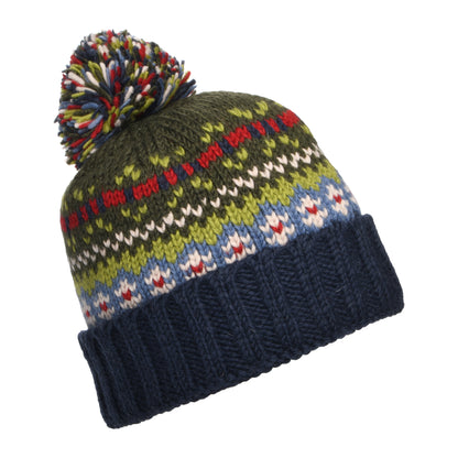 Bonnet à Pompon Fair Isle Mosaic bleu-vert KUSAN