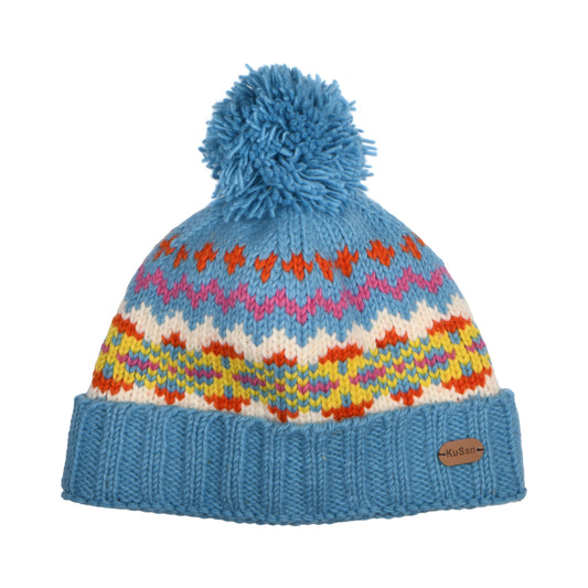 Bonnet à Pompon à Revers Fair Isle bleu ciel-multi KUSAN