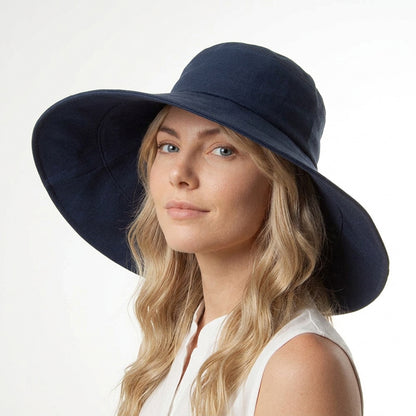 Chapeau Été en Lin et Coton Pliable Monaco bleu marine SUR LA TÊTE