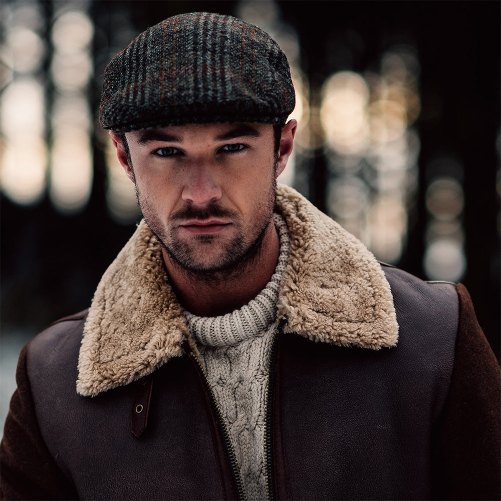Casquette Plate en HARRIS TWEED Glen Plaid Stornoway olive mélangé FAILSWORTH
