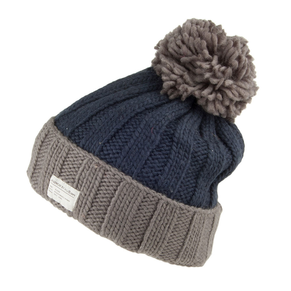 Bonnet à Pompon Côtelé Turn Up bleu marine-gris KUSAN