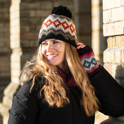 Bonnet à Pompon Fair Isle Diamond panaché de gris KUSAN
