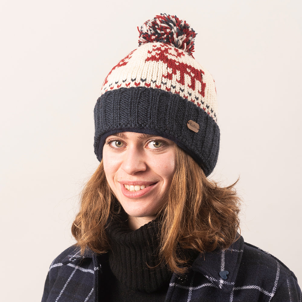 Bonnet à Pompon Turn Up Reindeer bleu marine-crème KUSAN