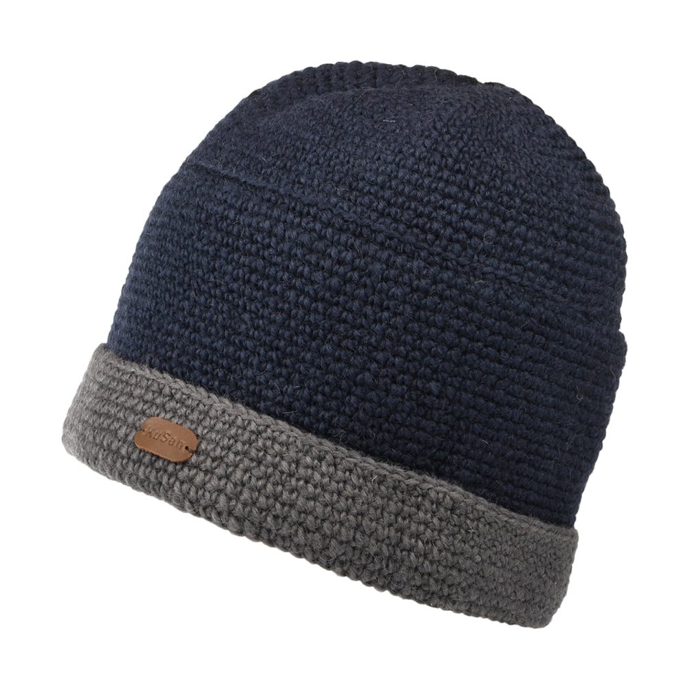 Bonnet à Revers en Crochet bleu marine-gris KUSAN