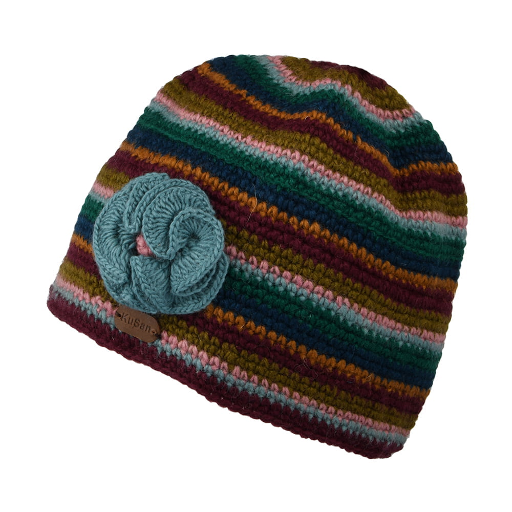 Bonnet en Crochet à Fleur prune-turquoise KUSAN