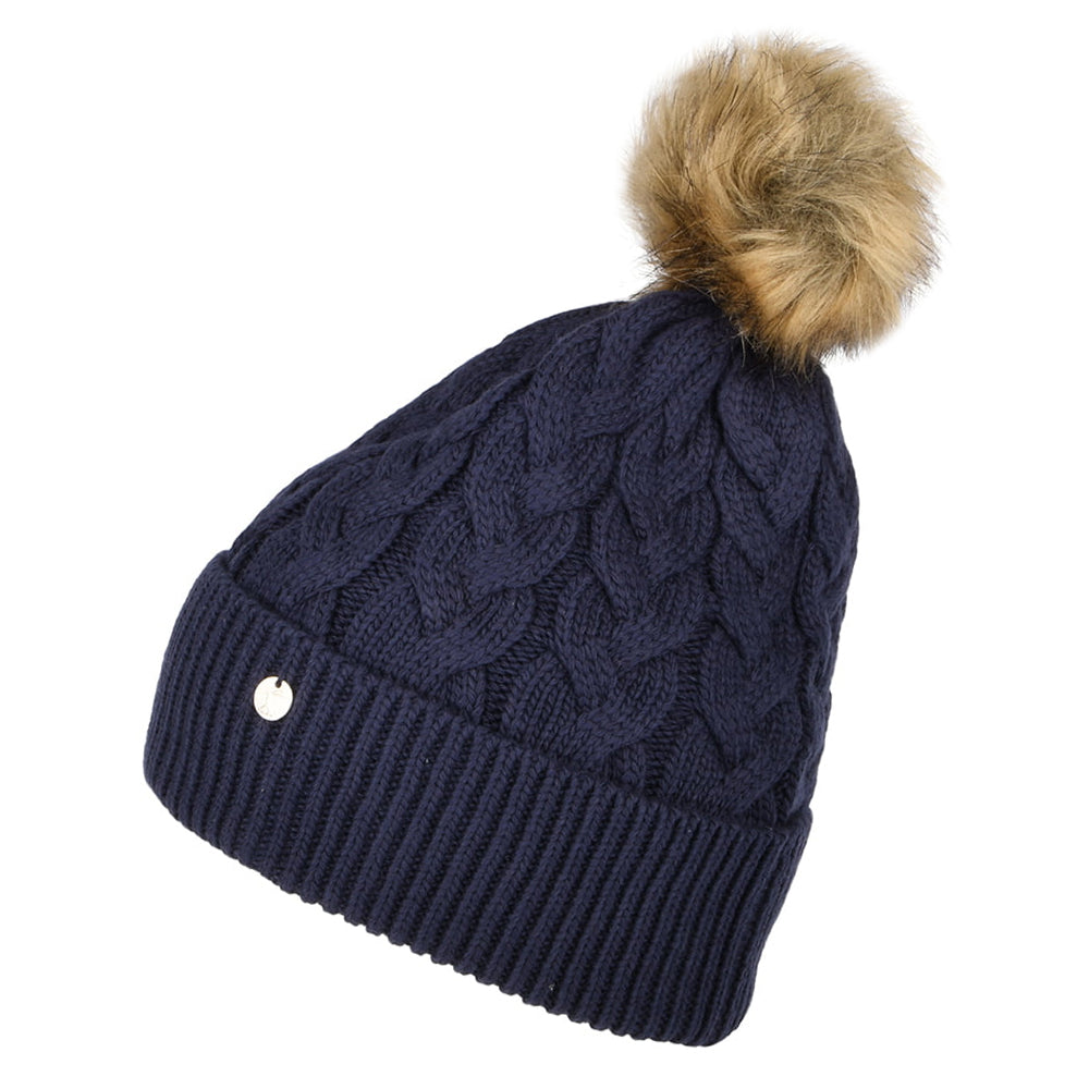 Bonnet à Pompon en Fausse Fourrure et Torsades Elena bleu marine JOULES