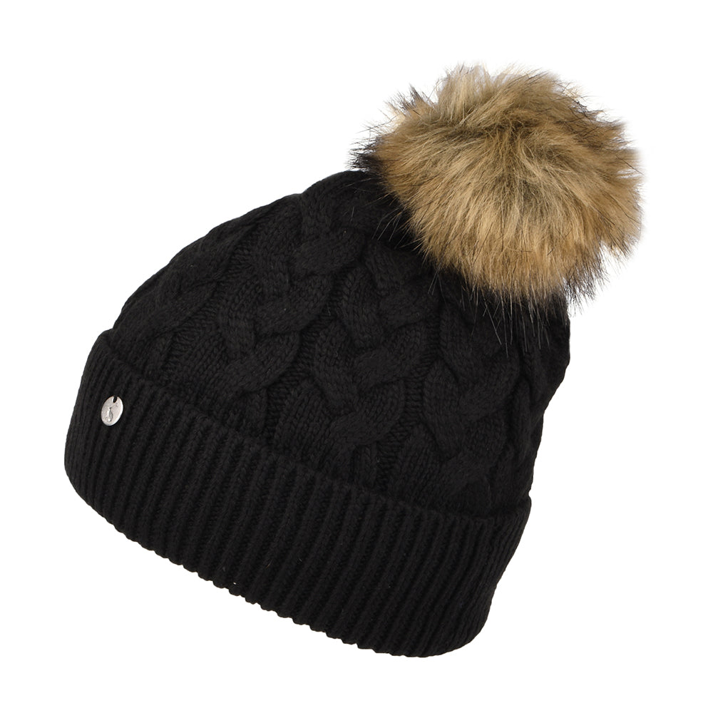 Bonnet à Pompon en Fausse Fourrure et Torsades Elena noir JOULES