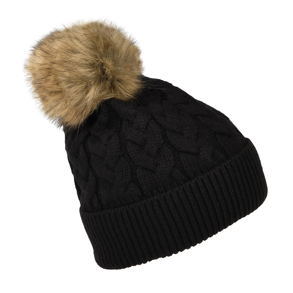 Bonnet à Pompon en Fausse Fourrure et Torsades Elena noir JOULES