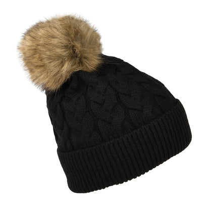 Bonnet à Pompon en Fausse Fourrure et Torsades Elena noir JOULES