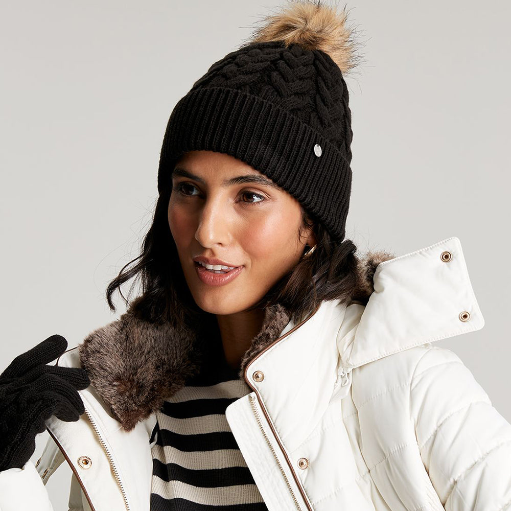 Bonnet à Pompon en Fausse Fourrure et Torsades Elena noir JOULES