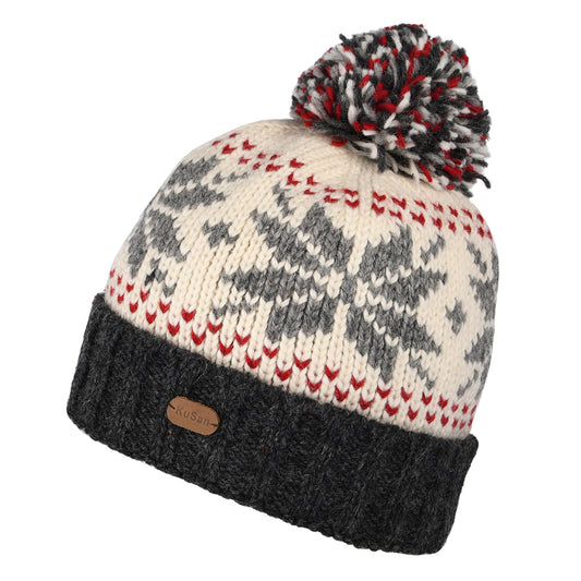 Bonnet à Pompon et Revers Snowflake blanc-gris KUSAN